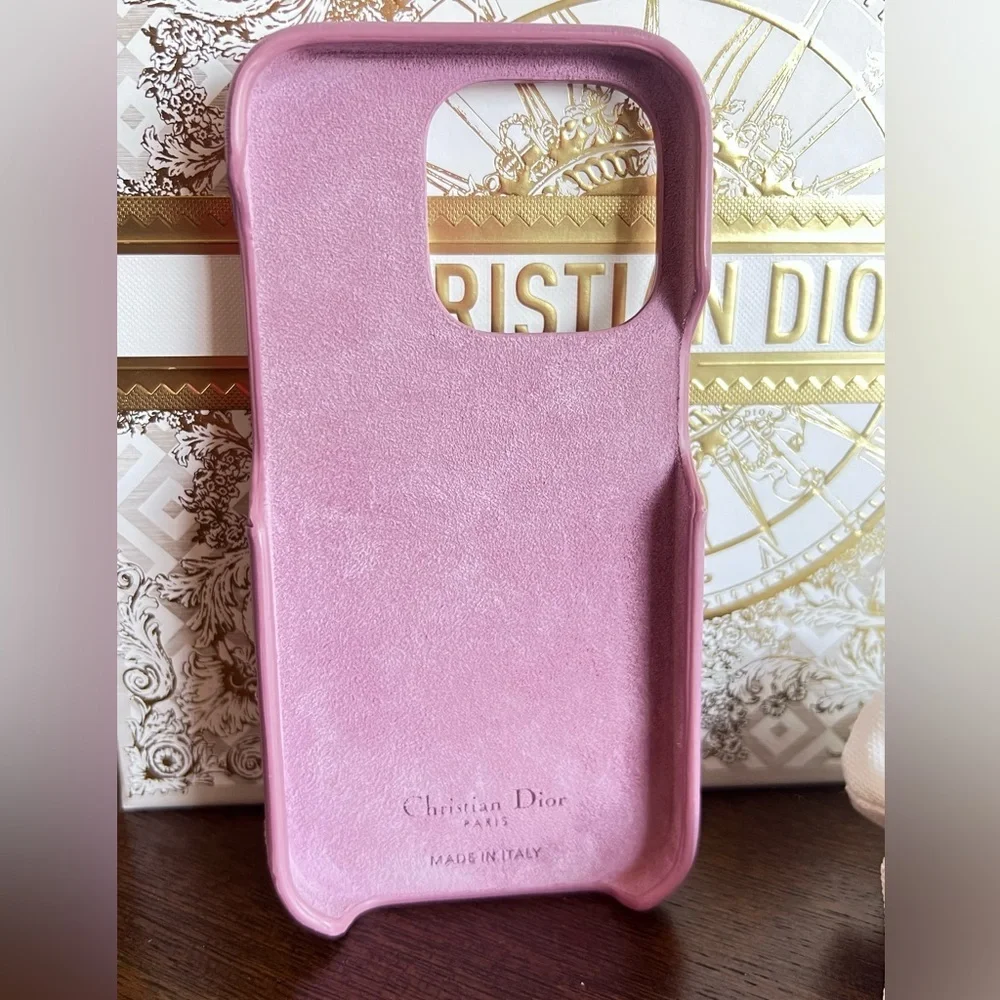 EUC Lady DIOR IPhone 14 Pro Case Pink Leather Charms Pocket Suede Lined Interior